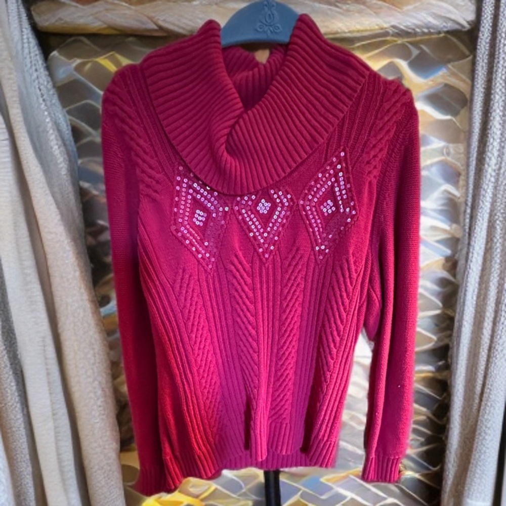 Karen Scott Red Cowl Neck Sweater with Embellishments